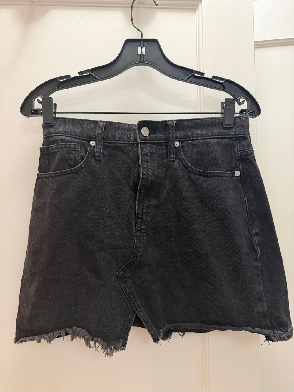 Madewell Black Denim Mini Skirt with Frayed Hemline